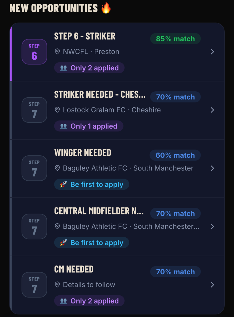 The NEXT11VEN opportunity feed: open vacancies from non-league clubs, each scored against the player's profile — 85% match, 70% match, 60% match — showing how many players have applied so far.